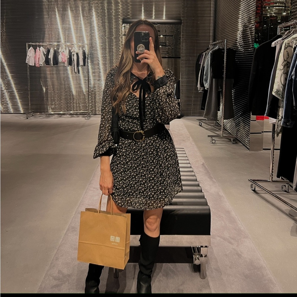 Posh Impression Black Floral Print Tie Neck Mini Dress